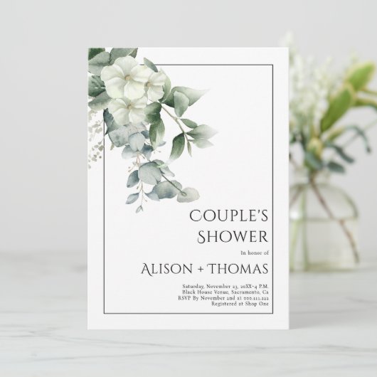 白い花のカップルのシャワーとユーカリ 招待状 (スタンド正面)