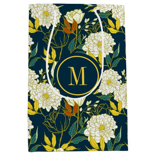 白い花のカラフルのパターン ミディアムペーパーバッグ (正面)