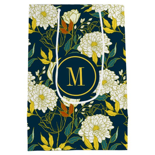 白い花のカラフルのパターン ミディアムペーパーバッグ (裏面)