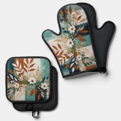 白い花のカラフル抽象芸術背景II 鍋つかみ&鍋敷きセット (正面/裏面)