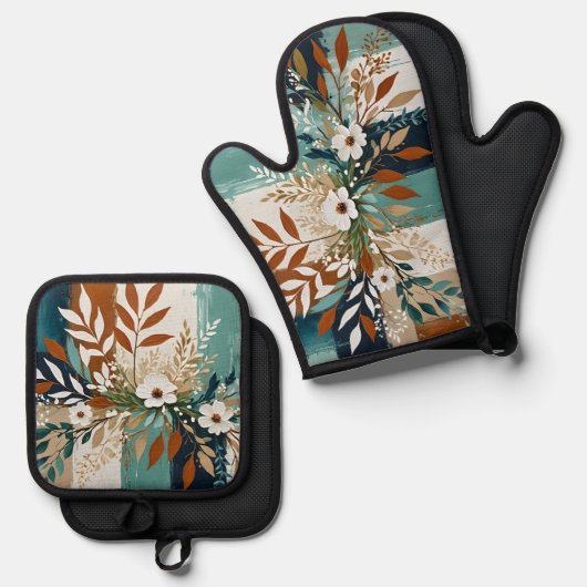 白い花のカラフル抽象芸術背景II 鍋つかみ&鍋敷きセット (正面/裏面)