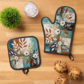 白い花のカラフル抽象芸術背景II 鍋つかみ&鍋敷きセット (トップダウン)