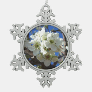 白い花のクラスタ春花の梨の木 スノーフレークピューターオーナメント