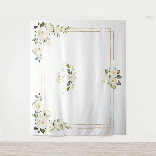 白い花のゴールドフォトブース！ 8歳の誕生日 タペストリー (正面)
