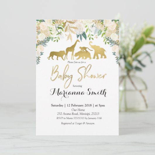 白い花のサファリの動物のベビーシャワーの招待状 招待状 (スタンド正面)