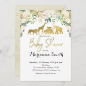 白い花のサファリの動物のベビーシャワーの招待状 招待状 (正面/裏面)