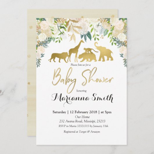 白い花のサファリの動物のベビーシャワーの招待状 招待状 (正面/裏面)