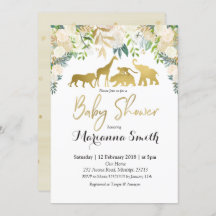 白い花のサファリの動物のベビーシャワーの招待状