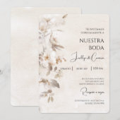 白い花のスペイン語の結婚式招待状 招待状 (正面/裏面)