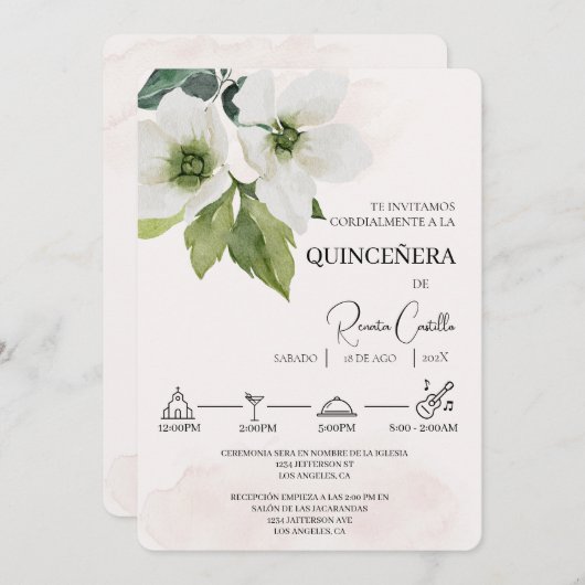 白い花のスペイン風のキンセアニエラ招待状 招待状 (正面/裏面)