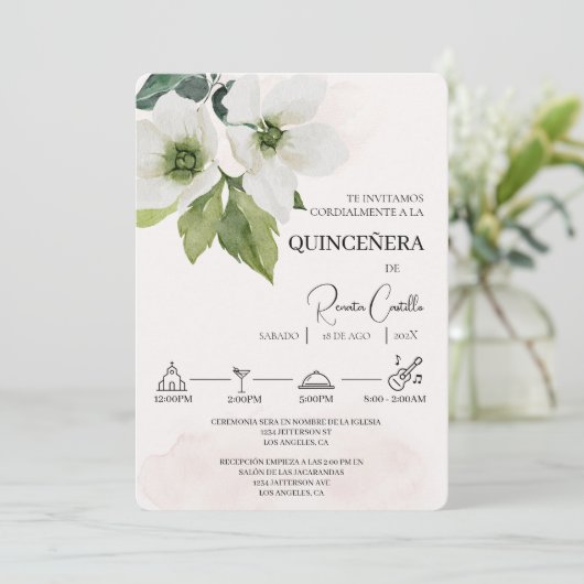 白い花のスペイン風のキンセアニエラ招待状 招待状 (スタンド正面)
