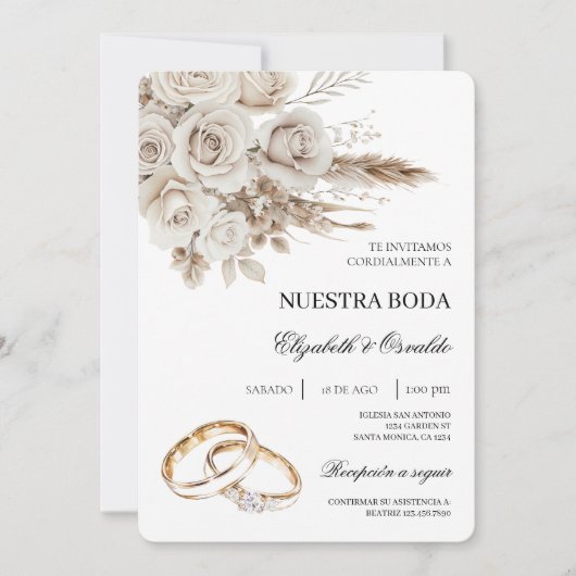 白い花のスペイン風結婚式招待状 招待状 (正面)