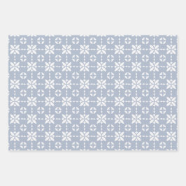 白い花のタイル模様（ほこりっぽい青） ラッピングペーパーシート