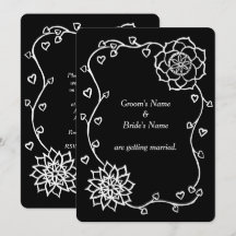 白い花のハートオンブラック結婚式招待状