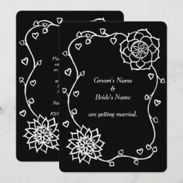 白い花のハートオンブラック結婚式招待状 招待状