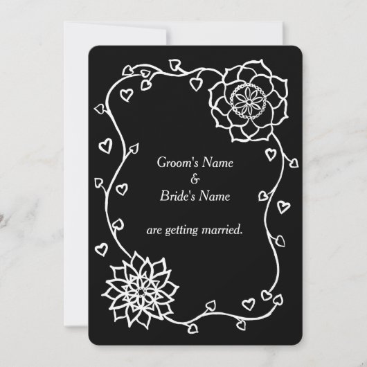 白い花のハートオンブラック結婚式招待状 招待状 (正面)