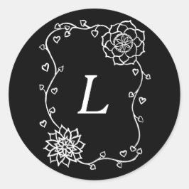 白い花のハートBlack Monogram Stickers ラウンドシール