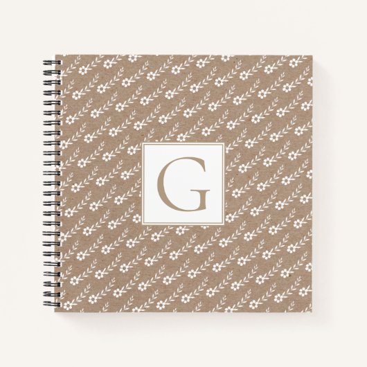 白い花のパターンと素朴なモノグラム ノートブック (正面)