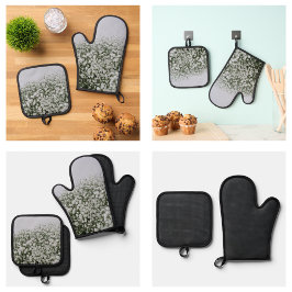 白い花のパターン 鍋つかみ&鍋敷きセット