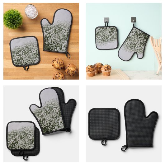 白い花のパターン 鍋つかみ&鍋敷きセット