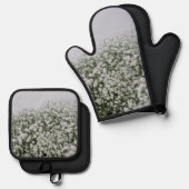 白い花のパターン 鍋つかみ&鍋敷きセット (正面/裏面)