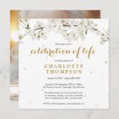 白い花のフローラ写真お祝いの生活 招待状 (正面/裏面)