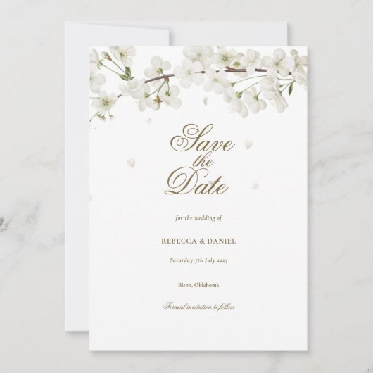 白い花のフローラ結婚式の日付を保存 招待状 (正面)