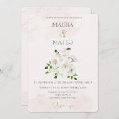 白い花のベージュのスペイン語の結婚式招待状 招待状 (正面/裏面)
