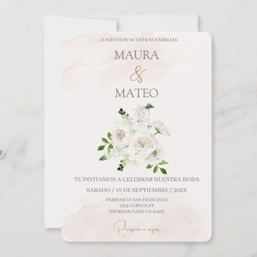 白い花のベージュのスペイン語の結婚式招待状 招待状 (正面)
