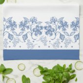 白い花のボーダー台所タオルの藍色 キッチンタオル (折り畳み)