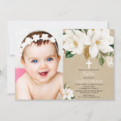 白い花のマグノリアの男女兼用な洗礼の写真 招待状 (正面)