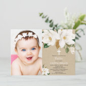 白い花のマグノリアの男女兼用な洗礼の写真 招待状 (スタンド正面)