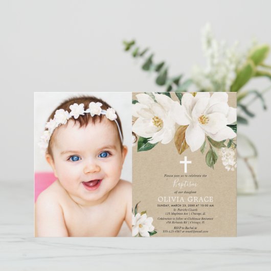 白い花のマグノリアの男女兼用な洗礼の写真 招待状 (スタンド正面)