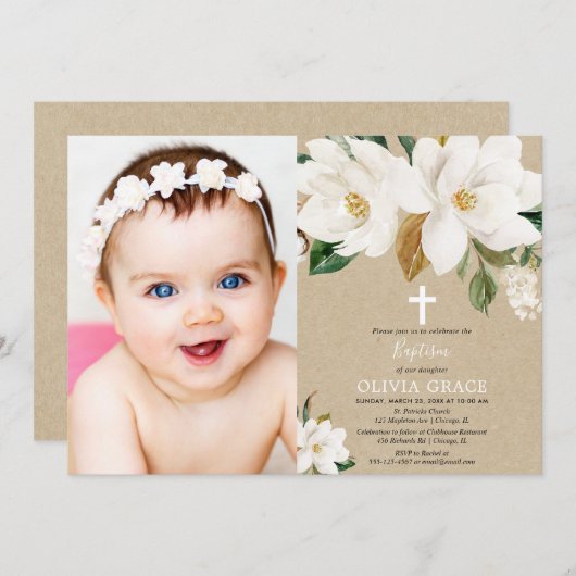 白い花のマグノリアの男女兼用な洗礼の写真 招待状 (正面/裏面)