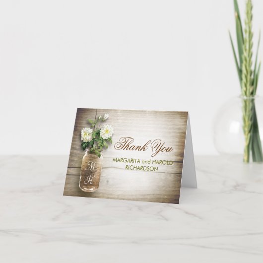 白い花のメイソンジャー 結婚式の感謝カード サンキューカード (正面)