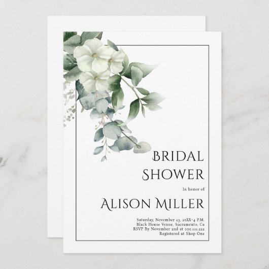 白い花のユーカリブライダルシャワー 招待状 (正面/裏面)