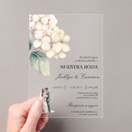 白い花のリング付きスペイン語の結婚式 アクリル招待状 (インサイチュ (ポータブル))