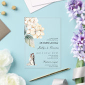 白い花のリング付きスペイン語の結婚式 アクリル招待状 (インサイチュ (ウェディング))