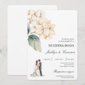 白い花のリング付きスペイン語の結婚式 招待状 (正面/裏面)