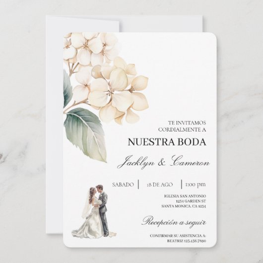 白い花のリング付きスペイン語の結婚式 招待状 (正面)