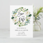 白い花のリースの結婚式のSave the Dateカード セーブザデート (スタンド正面)