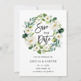 白い花のリース 結婚式のSave the Dateカード セーブザデート