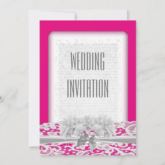 白い花のレースおよび赤紫のピンクの結婚式 招待状 (裏面)
