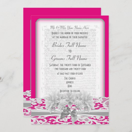 白い花のレースおよび赤紫のピンクの結婚式 招待状 (正面/裏面)