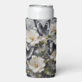 白い花の上に黒と白の蝶 スリム缶クーラー (Seltzer正面)