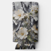 白い花の上に黒と白の蝶 スリム缶クーラー (裏面)