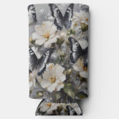 白い花の上に黒と白の蝶 スリム缶クーラー (正面)