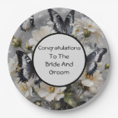 白い花の上に黒と白の蝶 ペーパープレート (正面)