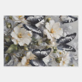 白い花の上に黒と白の蝶 ラッピングペーパーシート (正面2)