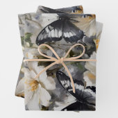 白い花の上に黒と白の蝶 ラッピングペーパーシート (インサイチュ)